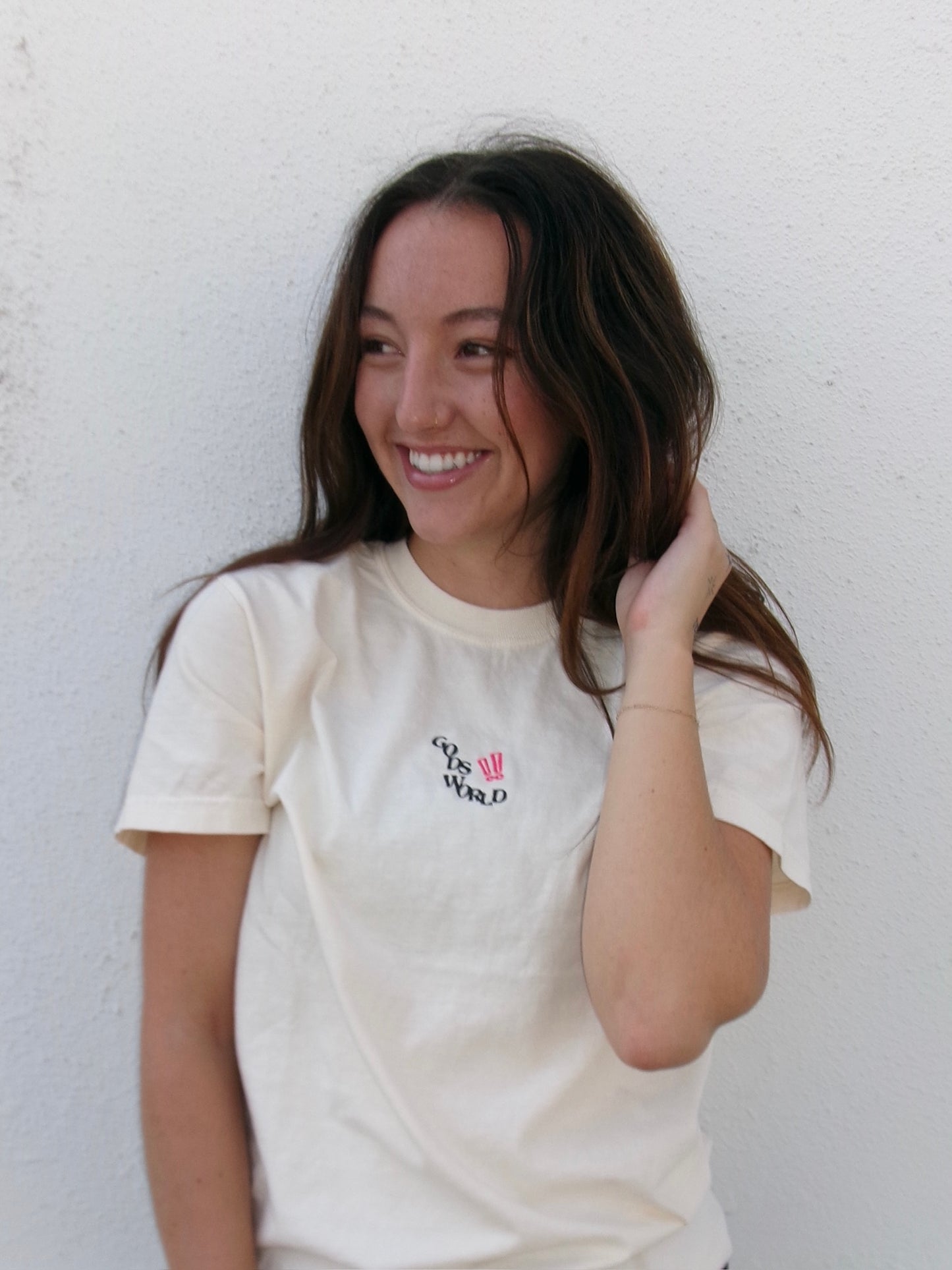 God's World Tee Pink ! Embroidered